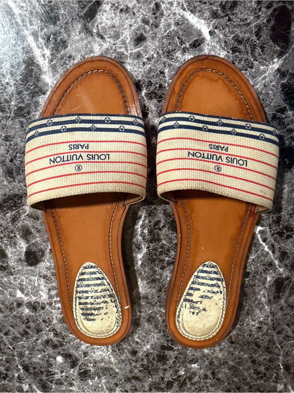 Louis Vuitton Tan Leather Slide Mules with Red & Navy Striped Canvas Strap
